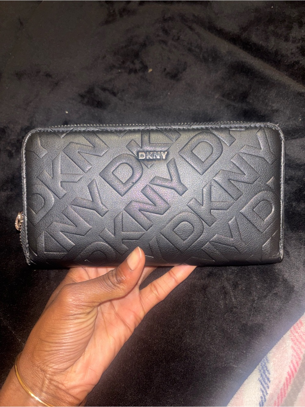 DKNY Black Embossed Logo Zip-Around Wallet